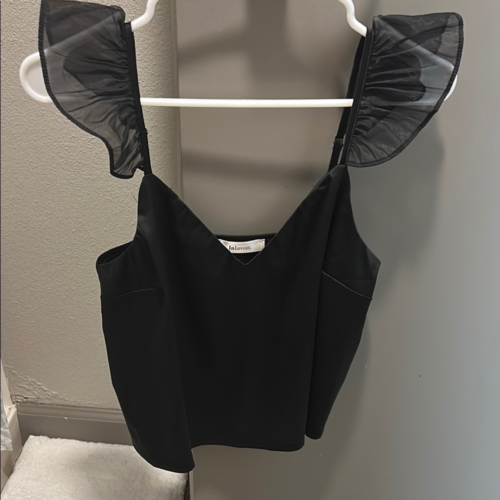 Black Sleeveless Ruffled Fitted Blouse